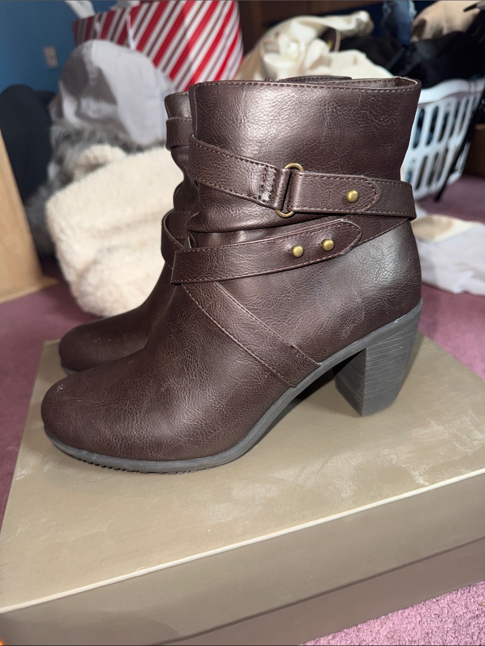 Levity Dark Brown Faux Leather Ankle Boots with Wrap Straps